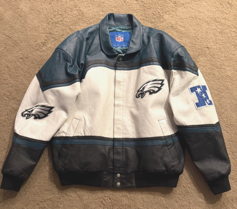 Vintage Jeff Hamilton Philadelphia Eagles Leather NFL Bomber Jacket Size 2XL